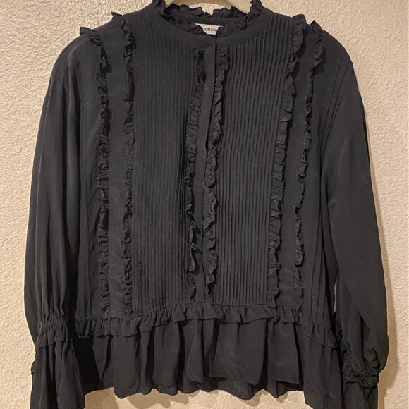 ULLA JOHNSON Najda Silk Blouse Pintuck Ruffle Pleated Bell Sleeve Top Raven 2 - Picture 3 of 9